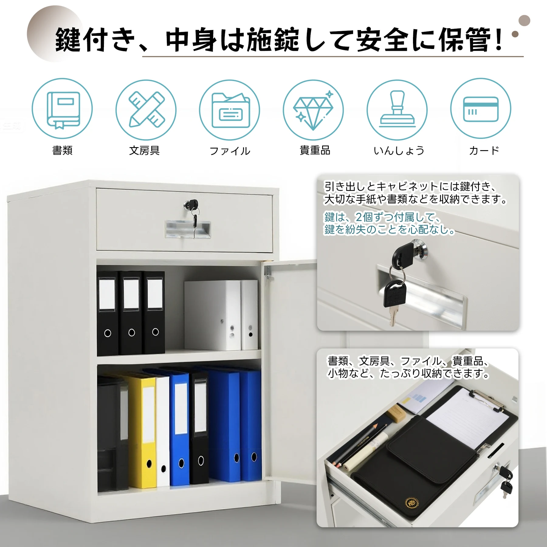 デスクワゴン サイドワゴン オフィスワゴン 完成品 キャビネット 書庫 スチール製 机下収納 袖机 可動棚 スリム ロッカー 鍵付き 引き出し付き 収納 オフィス 事務所 会社 店舗 病院 学校 更衣室 業務用ホワイト