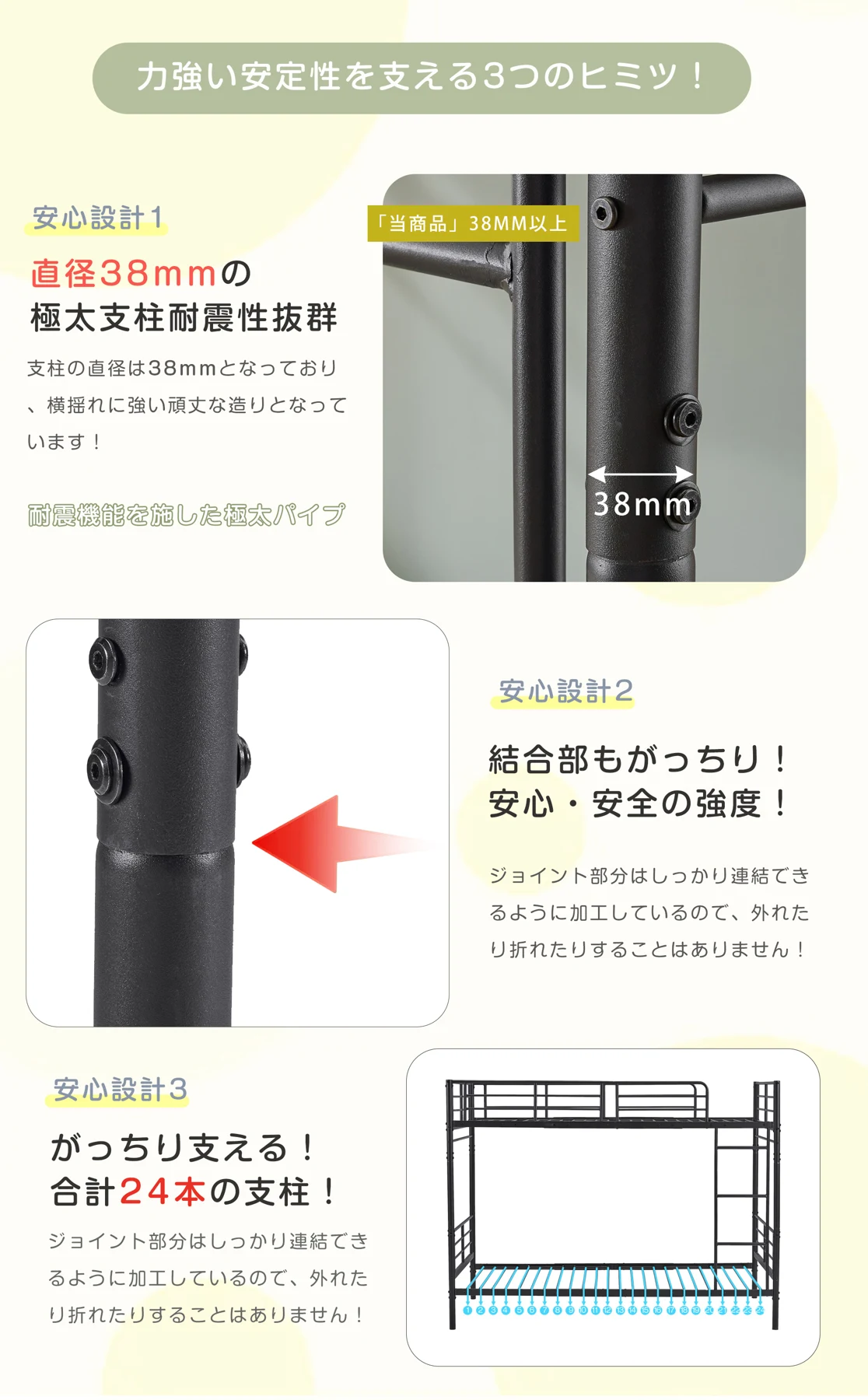 元N512P306908/196142 ヨーロッパ安全基準EN747認証獲得済 ブラック 二段ベッド 子供ベッド 子供部屋二段ベッド 2段ベッド パイプベッド パイプ 金属製