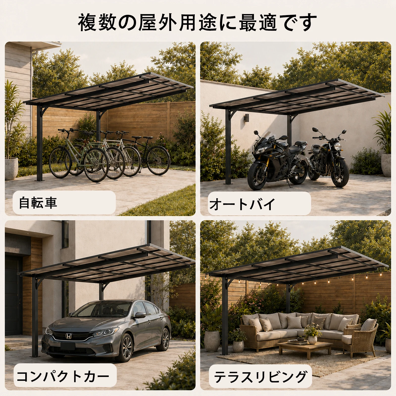 テラス屋根 ベランダ 屋根 ひさし大型 重量型 バルコニー 雨よけ サイクルポート 2本の柱 パーゴラ 幅362*奥行き300*高253 ポリカーボネート 屋根 裏庭とバルコニーに適用 壁面取り付け基準に適合