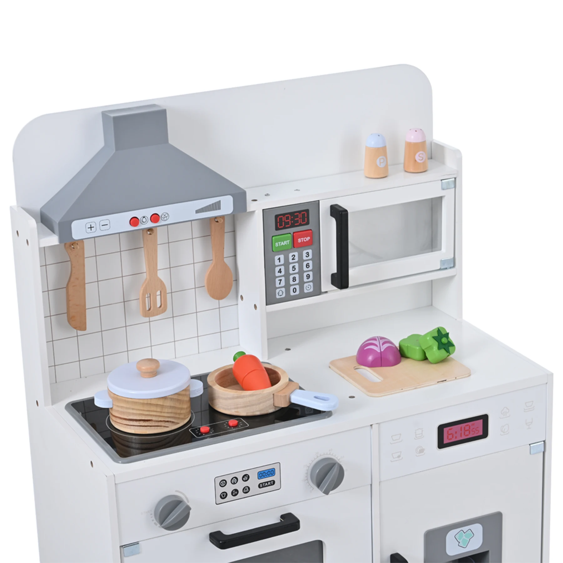 おままごと キッチン 木製 台所 ライト付き 音が鳴る 製氷機 調理器具付き 調味料 食材 野菜 知育玩具 コンロ 電子レンジ 家事 おもちゃ キッズ ベビー 誕生日 プレゼント【ホワイト】