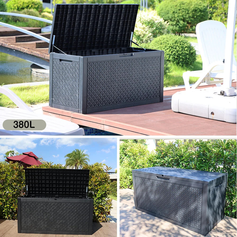 【ブラック 570L 油圧シリンダー付き スチールプレート補強】戸外収納庫 収納ボックス 置き配 ゴミ箱 小型 屋外 ストッカー 防水/耐侯 収納可能 ガーデン/庭/ベランダ 頑丈