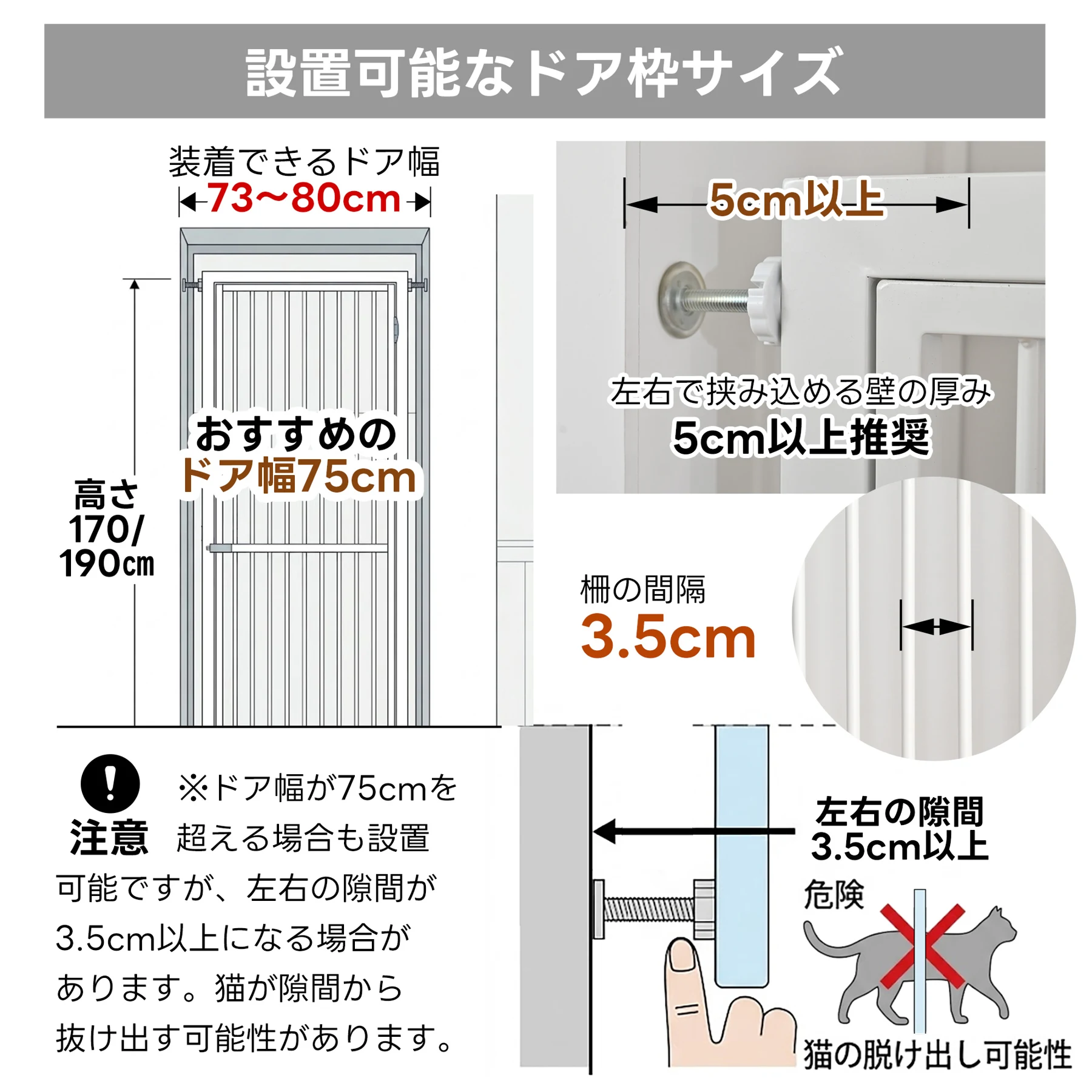 【猫ドア付き】高さ170cm ほぼ完成品 ペット 脱走防止 ドア ケージ 留守番 保護 ネコ 柵 フェンス 脱走防止 猫用 多頭飼い 多頭 スチール ペットケージ 新生活【ホワイト】