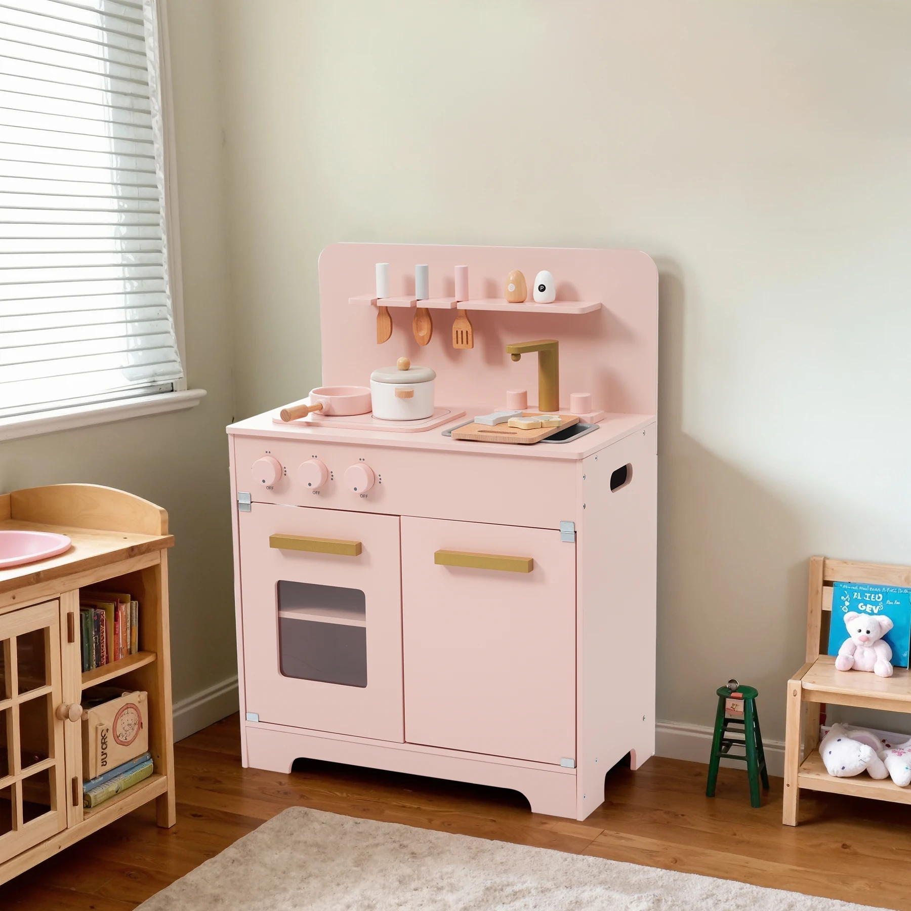 おままごと キッチン 木製 調理器具付き ままごとセット 誕生日 台所 知育玩具 子供用 子供 収納 まねっこ コンロミニキッチン おもちゃキッチン キッズ ベビー 【ピンク】