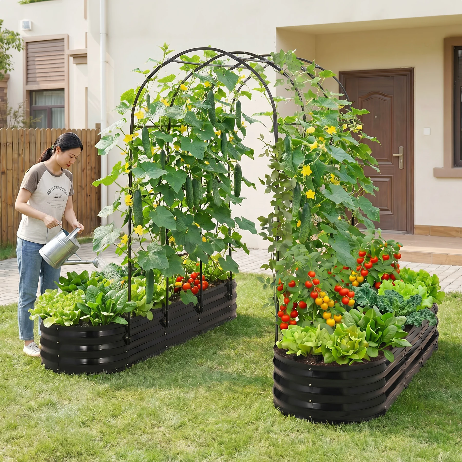【600L】レイズドベッド ガーデンベッド L240*W125*H90cm つる棚 アーチ付き 腐らない 庭 野菜 プランター 果物栽培用 ガーデンフレーム おしゃれ 組立簡単 ガーデンボックス 屋外 家庭菜園 DIY 野菜 植物 花 花園 家庭用【ブラック】