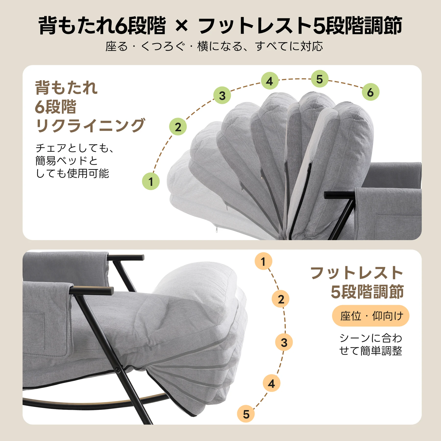 ロッキングチェア リラックスチェア 背もたれ多段階調節可能 足部分多段階調節可能 頑丈 耐久 座り心地よい 揺れる椅子 読書椅子 床を傷つけない 組み立て簡単 屋内用 リビングルーム用 ベランダ用 リラックス 一人暮らし ふわふわ 通気性