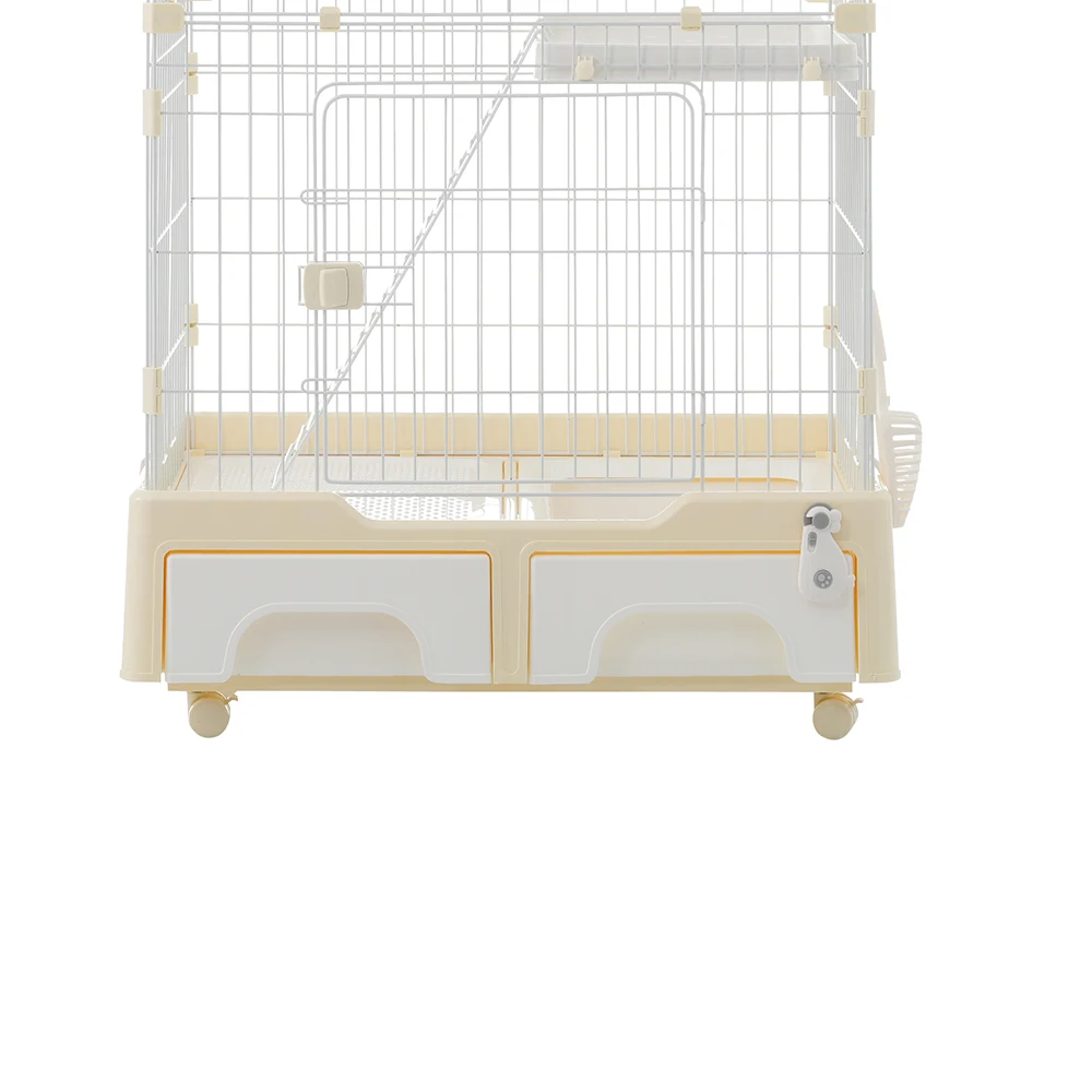 猫 ケージ トイレ付 ハンモック付 収納型 キャットケージ 3段 1段2段可能 キャスター付 キャットハウス 【クリームイエロー】