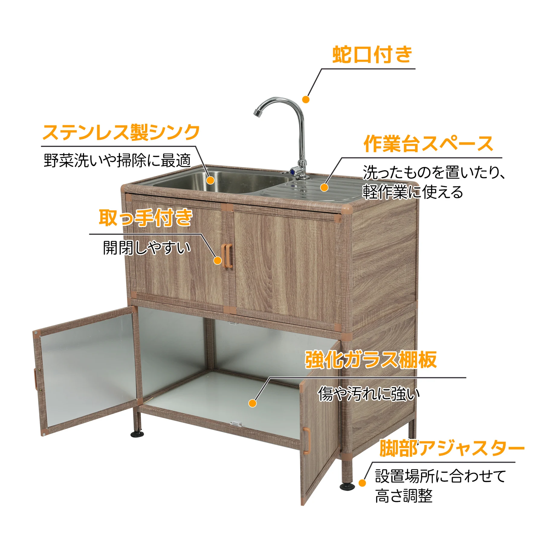 【囲い付きで便利】屋外 流し台 ステンレス W83×D43.5×H109.5cm ガーデンシンク 作業台 キッチン 台所 屋外 簡易 シンク 組み立て簡単 収納棚付 庭 高さ調節 調理台 ガーデニング 庭 DIY 頑丈 新作【木目調】