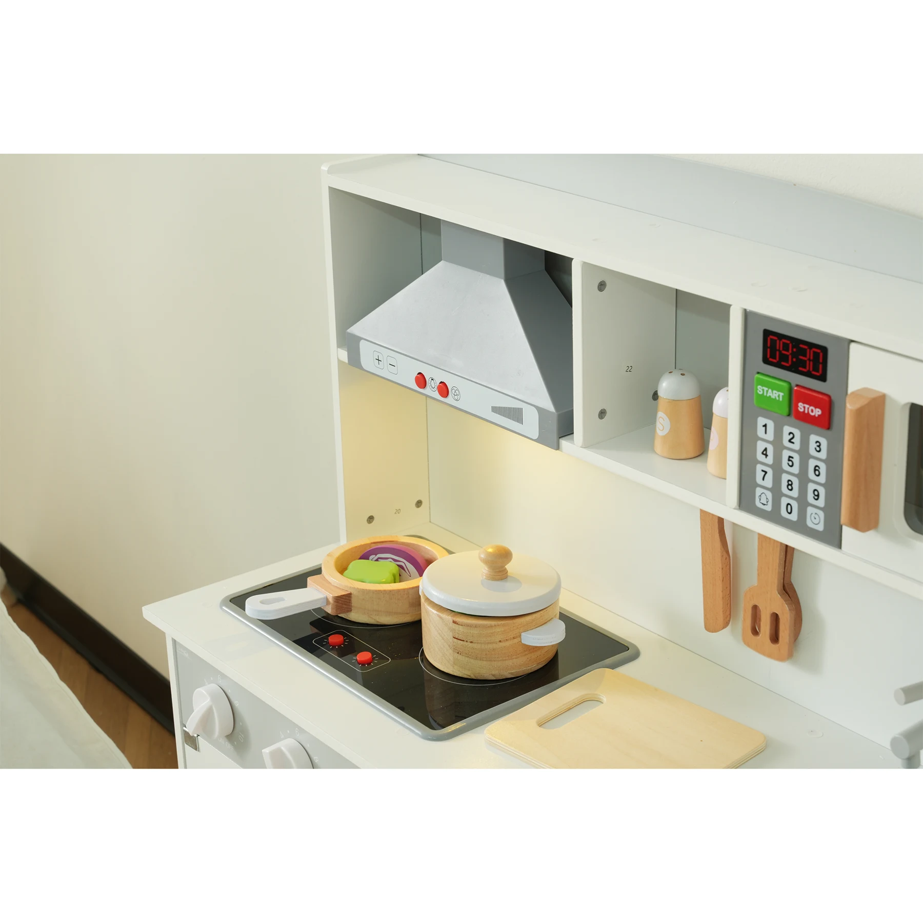 おままごと キッチン 木製 台所 ライト付き 調理器具付き 調味料 食材 野菜 知育玩具 コンロ 電子レンジ 家事 おもちゃ キッズ ベビー 誕生日 プレゼント【ホワイト】