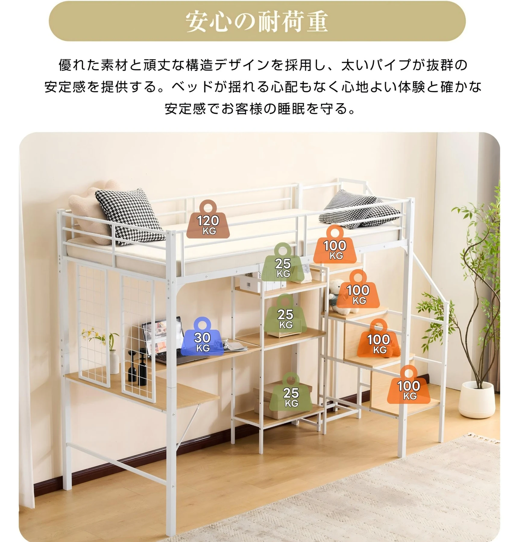 ホワイト ロフトベッド シングル 収納棚付き デスク付き 階段付き 北欧風 木目 子供 ベッド 大人ベッド 一人暮らし スチール 耐震 ベッド