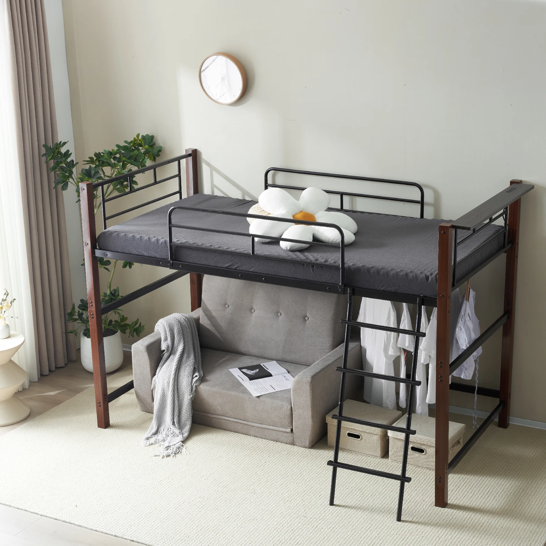 【高さ140cm】ロフトベッド パイプベッド シングル 耐荷重150kg システムベッド ロータイプ ミドルタイプ 棚 収納 北欧風 大人 一人暮らし ハンガーポール4本付属 送料無料 スチール 耐震 ベッド 子供部屋