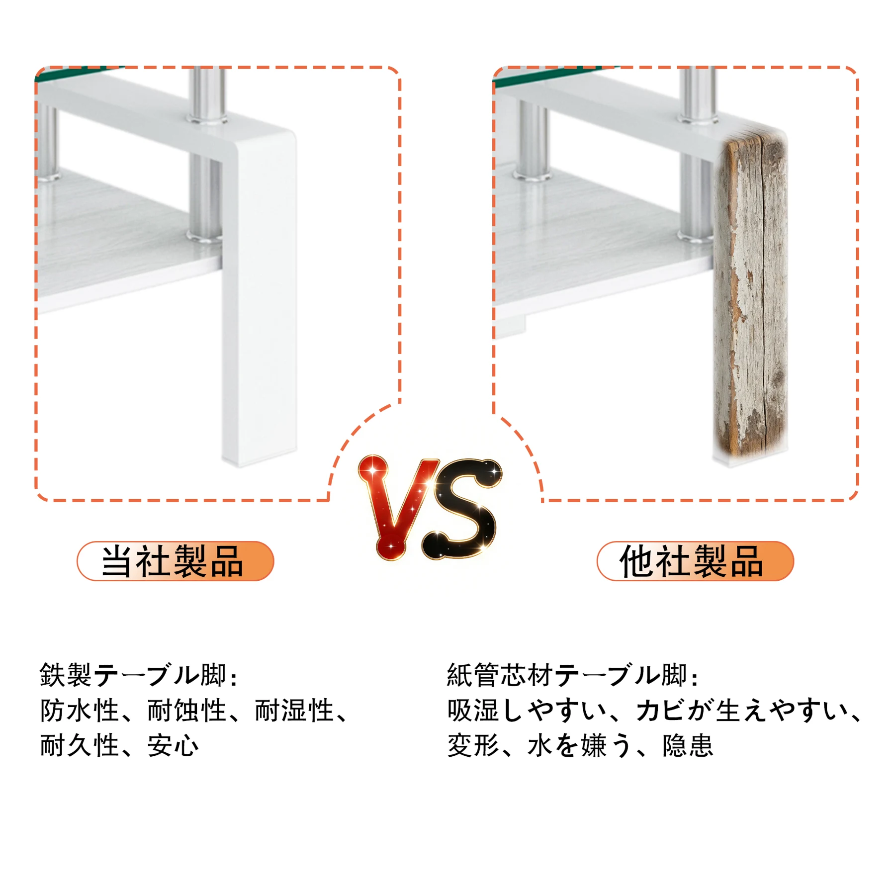 モダン長方形コーヒーテーブル 強化ガラス天板+MDF収納棚 リビング用 クリアガラス+ホワイト脚