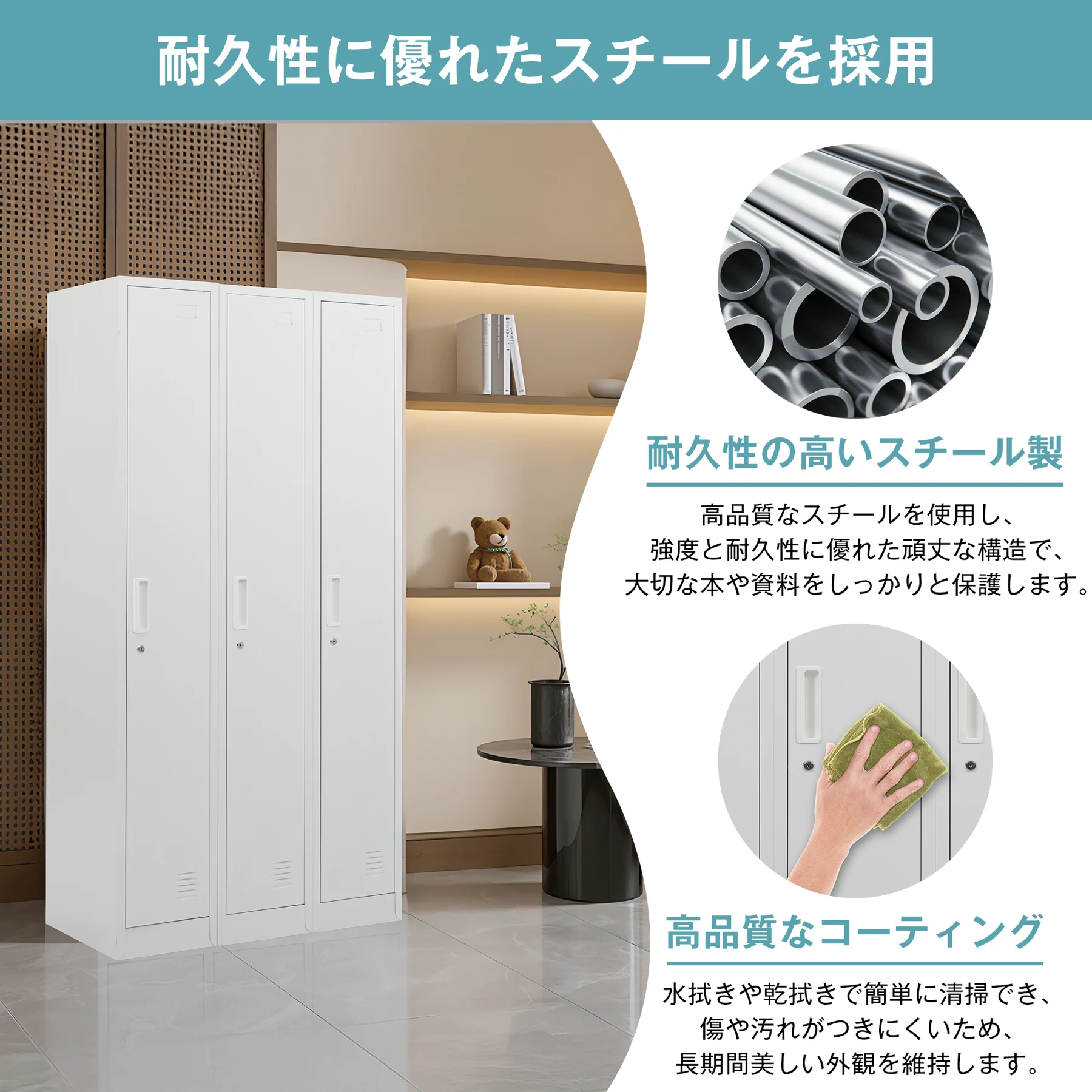 ロッカー スチール製 鍵付き 3人用 収納 オフィス 事務所 会社 店舗 病院 学校 更衣室 業務用 3列 ホワイト