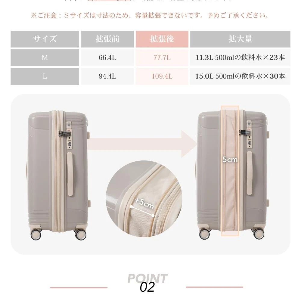スーツケース Mサイズ 容量拡張 キャリーケース 軽量 USBポート TSAロック ダブルキャスター 修学旅行 かわいい 中型 4~7日 中学生 大容量 海外旅行