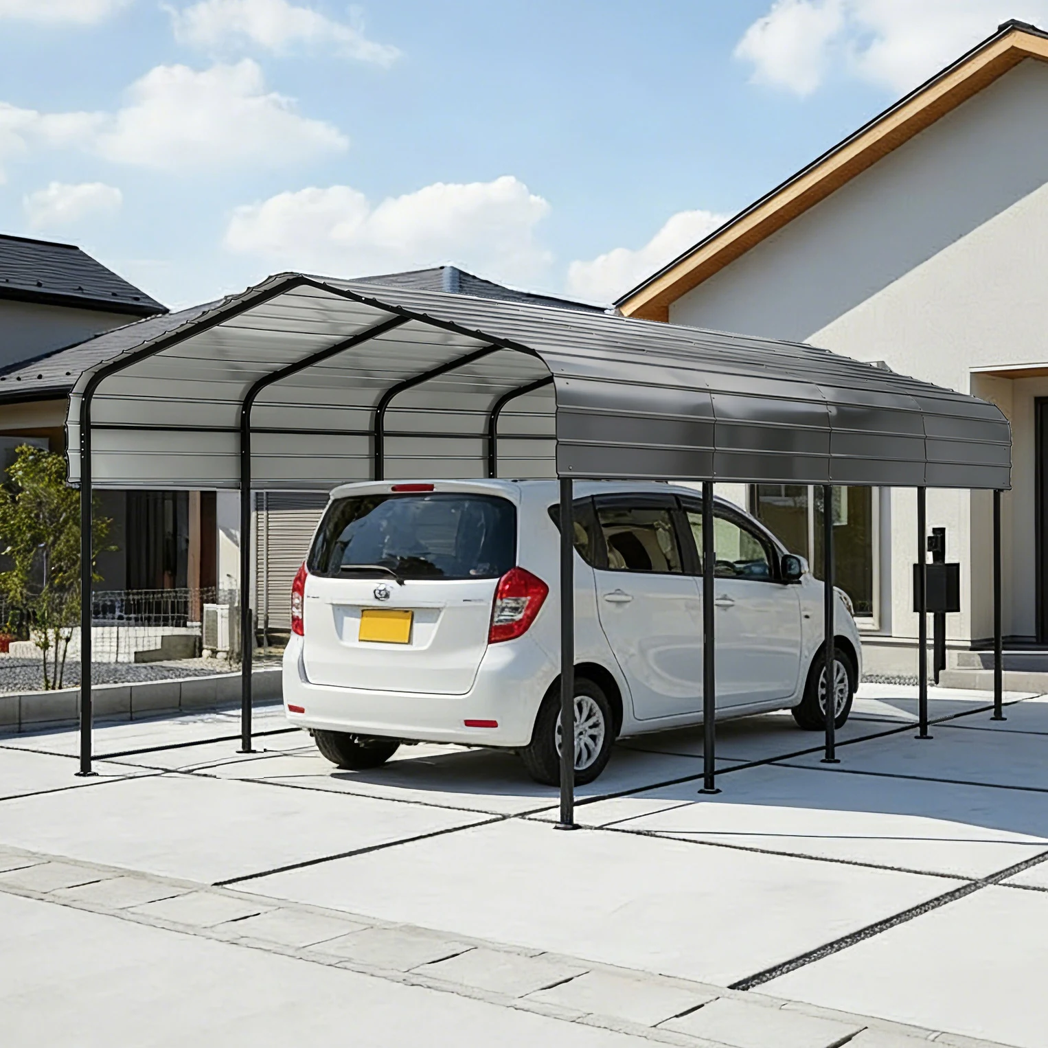 【奥行6mタイプ】カーポート ガレージ 車庫 倉庫 奥6m×幅3m×高さ2.6m スチール車庫 カーポート バイク 自転車 車 駐輪場 大型 車 駐車 スチール製 頑丈 仮設倉庫 【ダークグレー】
