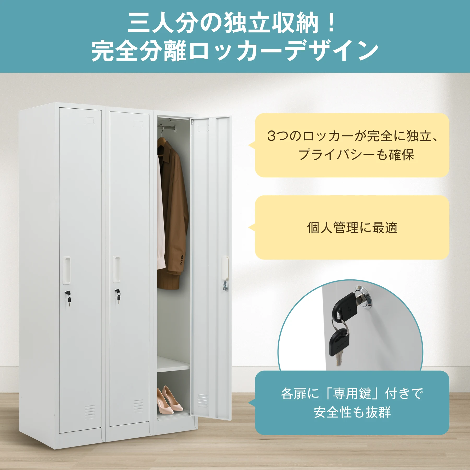 ロッカー スチール製 鍵付き 3人用 収納 オフィス 事務所 会社 店舗 病院 学校 更衣室 業務用 3列 ホワイト