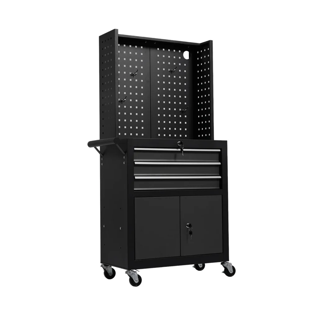 ツールキャビネット 多機能 ツールワゴン ツールカート工具カート ロールキャビネット スチール ローラーキャビネット ハンドル 耐荷重50KG フック付 DIY 引き出し 有孔ボード付き 鍵付き キャスター付き ロック付き 新作【ブラック】