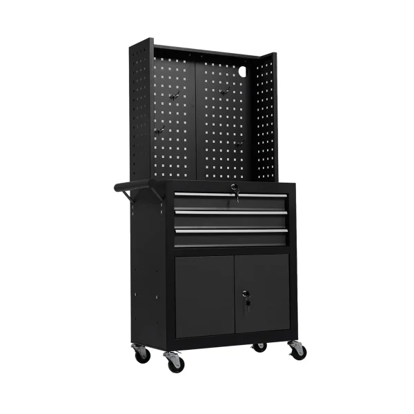 ツールキャビネット 多機能 ツールワゴン ツールカート工具カート ロールキャビネット スチール ローラーキャビネット ハンドル 耐荷重50KG フック付 DIY 引き出し 有孔ボード付き 鍵付き キャスター付き ロック付き 新作【ブラック】