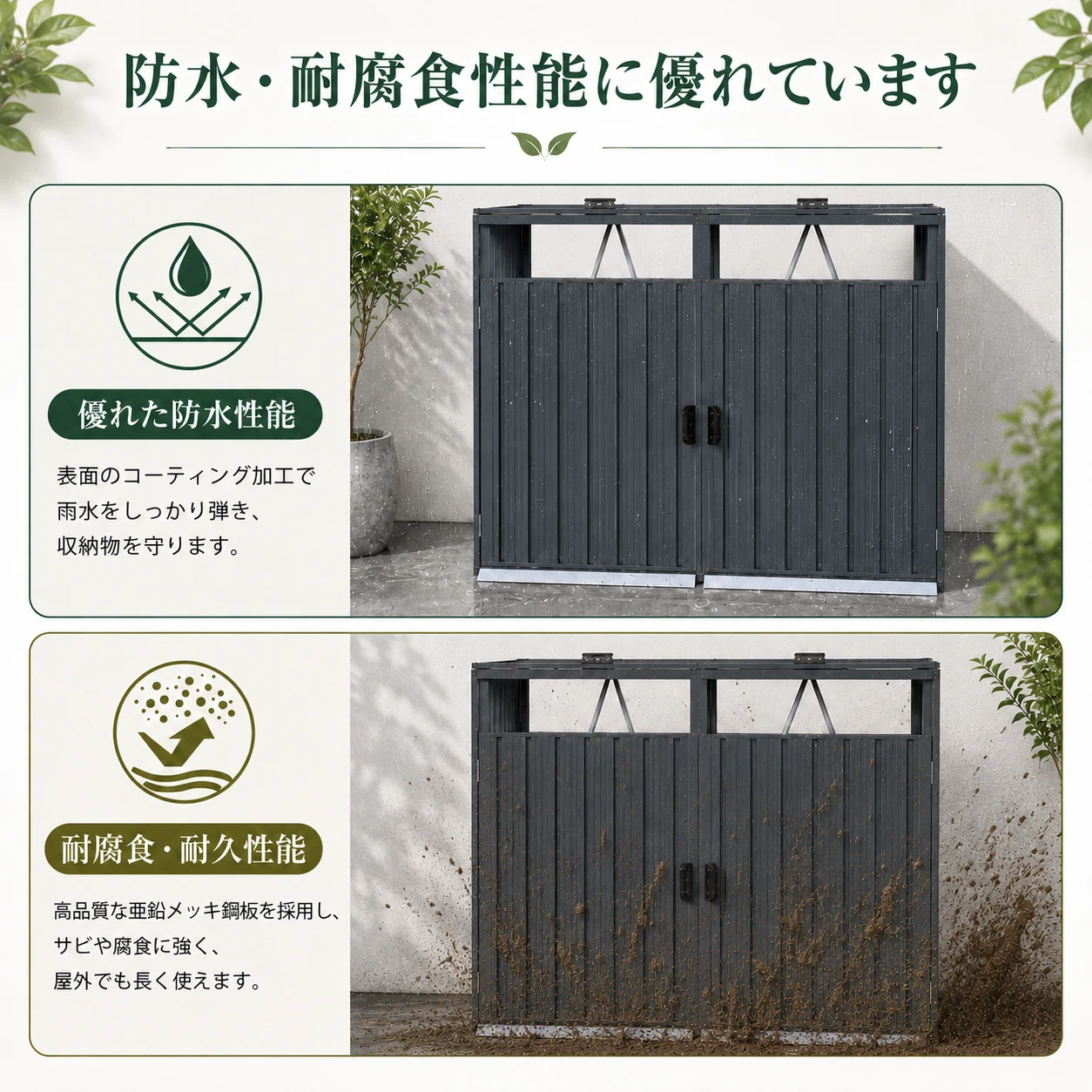 ゴミ収納庫 物置き 戸外収納庫 ゴミストッカー スチール 2分別 ゴミステーション 防さび 防水 施錠可能 ガーデニング 庭