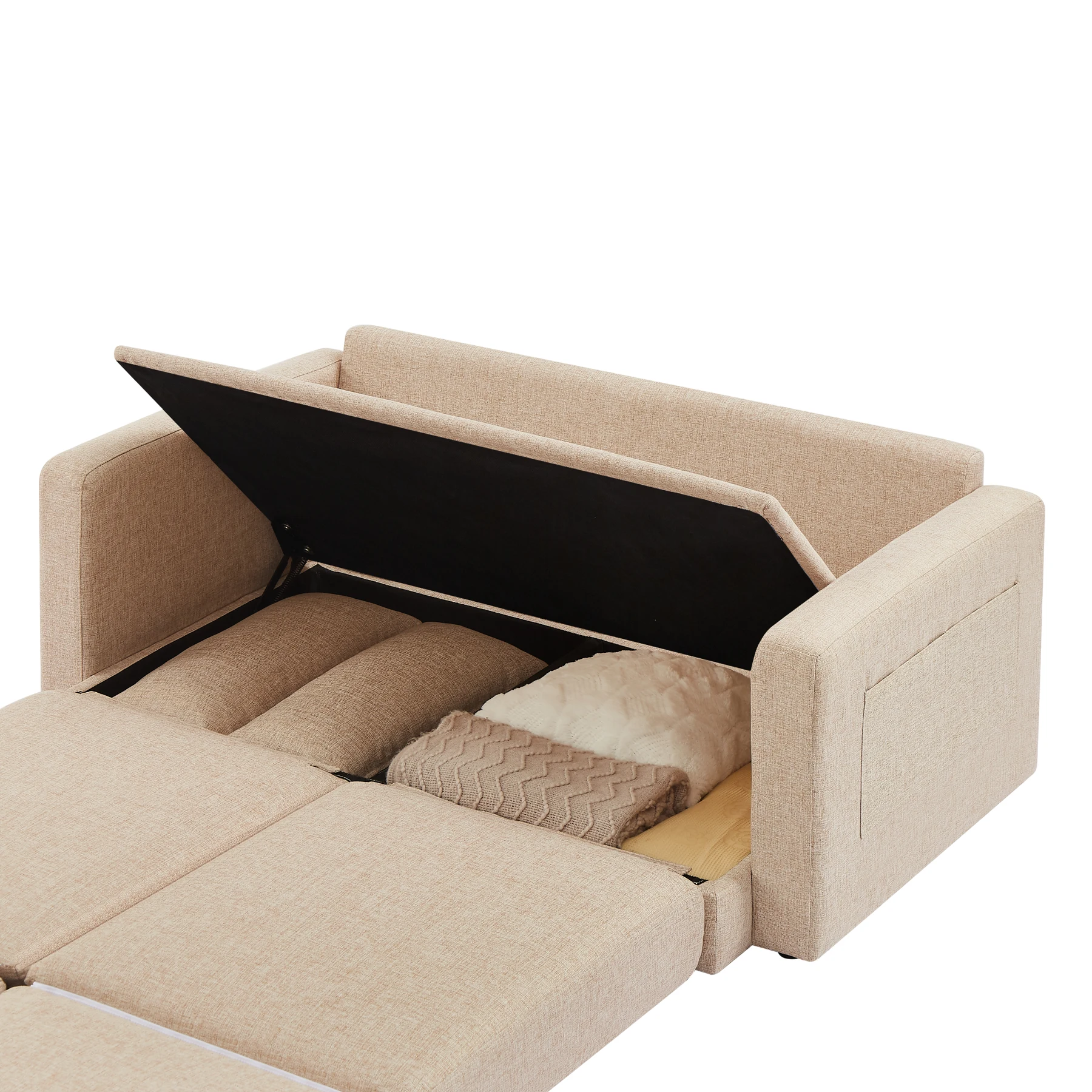 2 seater sofa ソファ 2人掛け 収納付き ファブリック 両側に肘掛け付き 木脚外し可能 ローソファ コンパクト ひとり暮らし カウチソファー