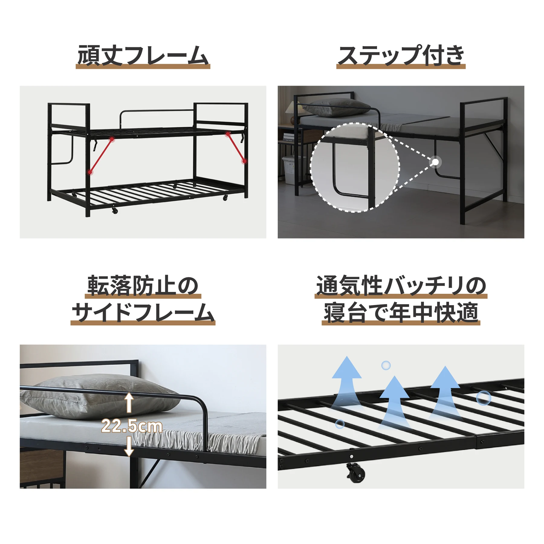 【高さ110cm】ロフトベッド 高いベッド 親子ベッド パイプベッド シングル システムベッド ロータイプ 収納 北欧風 大人 一人暮らし スチール 耐震 ベッド キャスター付き