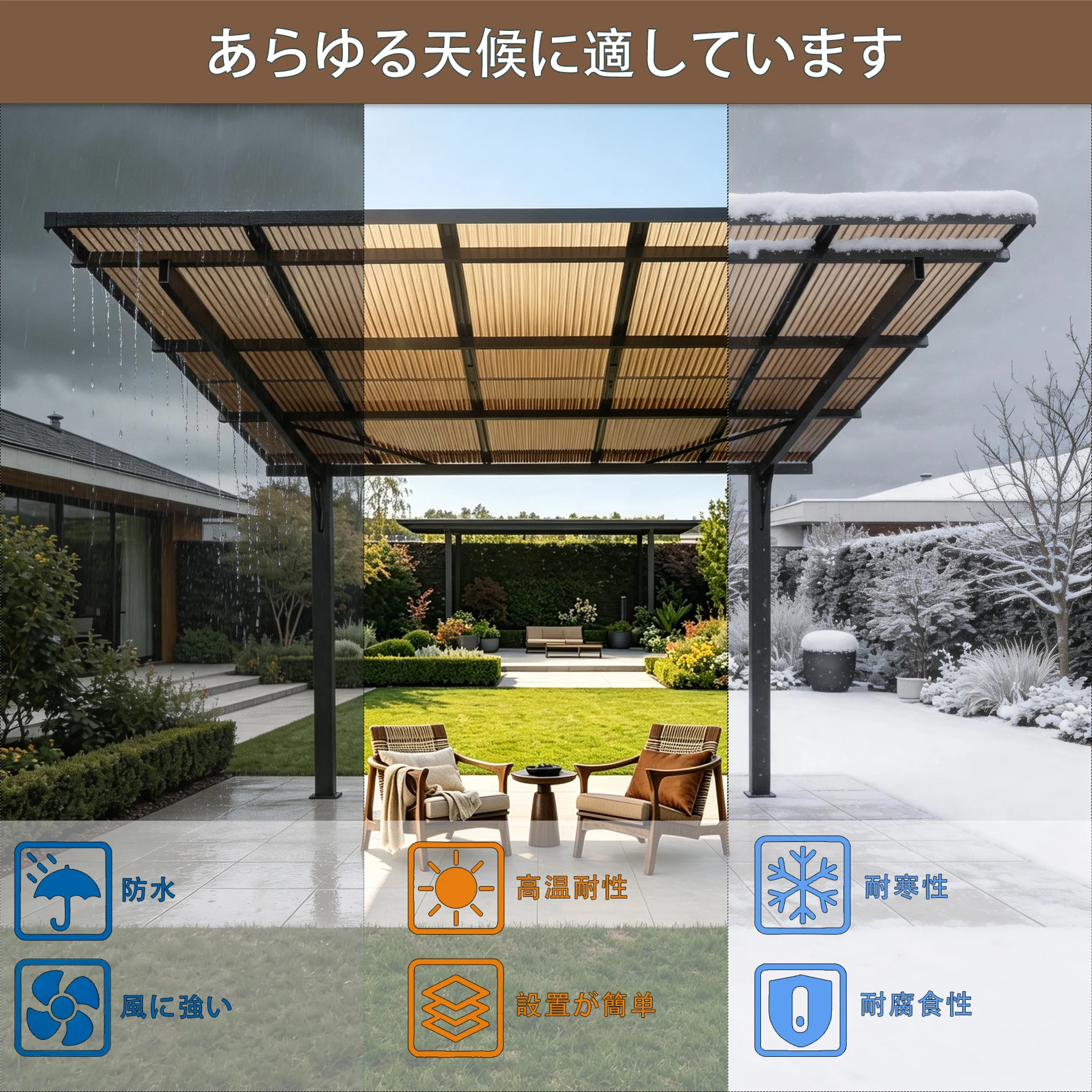 テラス屋根 ベランダ 屋根 ひさし大型 重量型 バルコニー 雨よけ サイクルポート 2本の柱 パーゴラ 幅302*奥行き300*高253 ポリカーボネート 屋根 裏庭とバルコニーに適用 壁面取り付け基準に適合