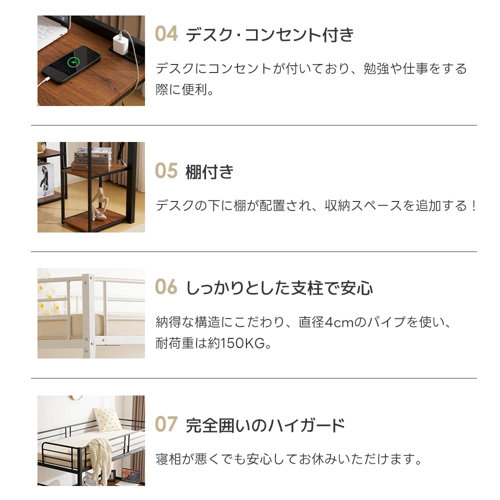 【・ブラック・メッシュ床板】システムベット ロフトベッド シングル コンセント付き 収納付き デスク付き 棚付き 北欧風 スチール 耐震