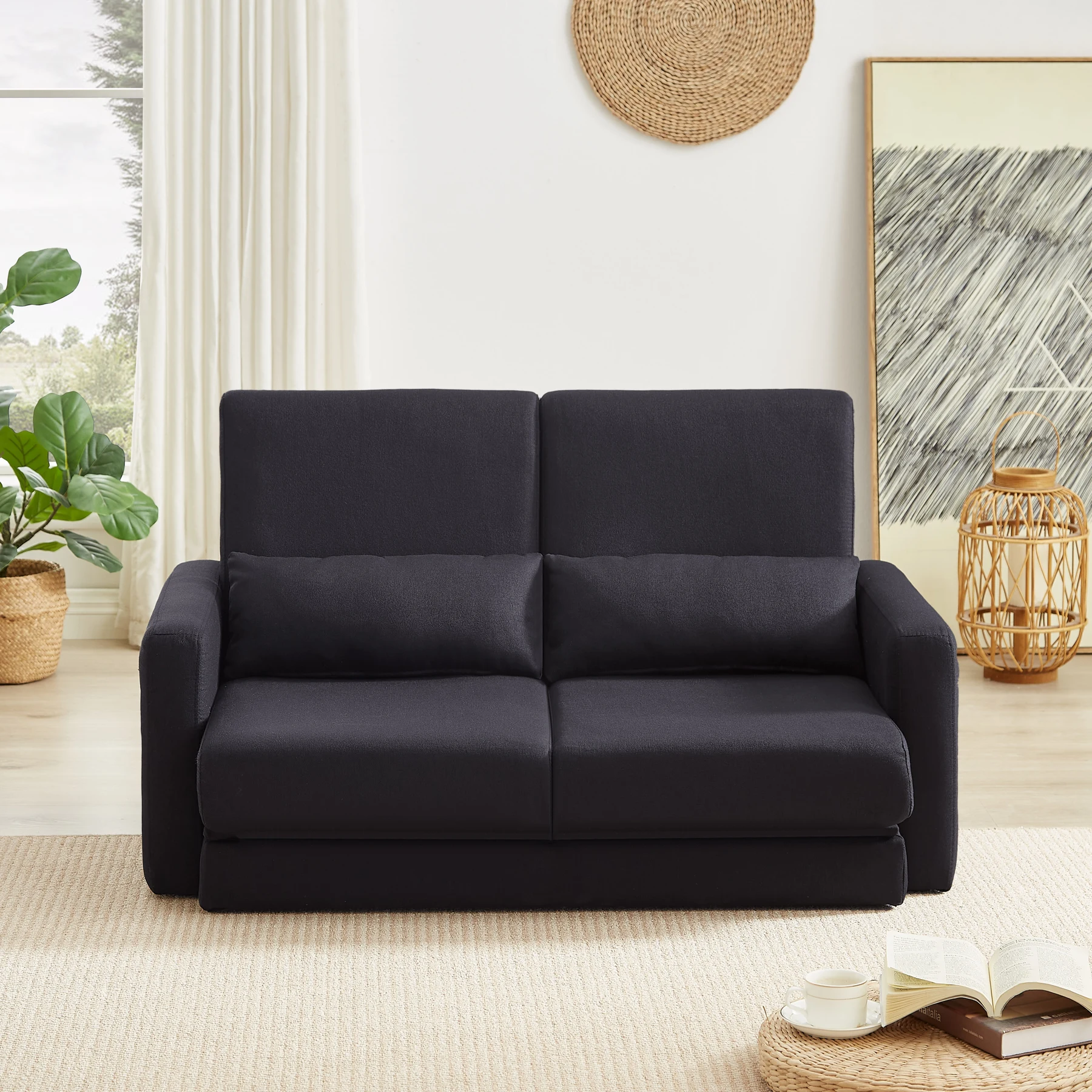 2 seater sofa ソファ 2人掛け 収納付き ファブリック 両側に肘掛け付き 木脚外し可能 ローソファ コンパクト ひとり暮らし カウチソファー