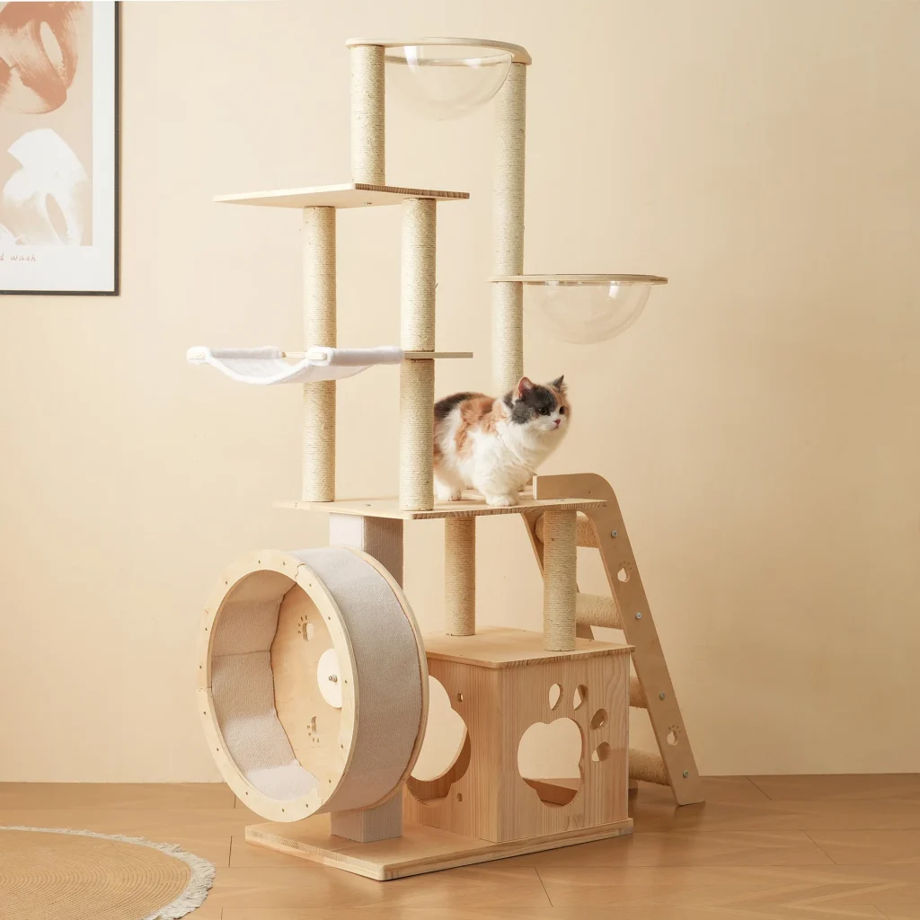 【N504P333543A】猫タワー キャットツリー 据え置き ランニングホイール付き 多頭飼い 宇宙船 ネコタワー 高さ172cm 上り下りしやすい 爪とぎポール 木製 可愛い 子猫 大型猫 ペット用品 高い安定性 運動不足解消 おしゃれ 頑丈