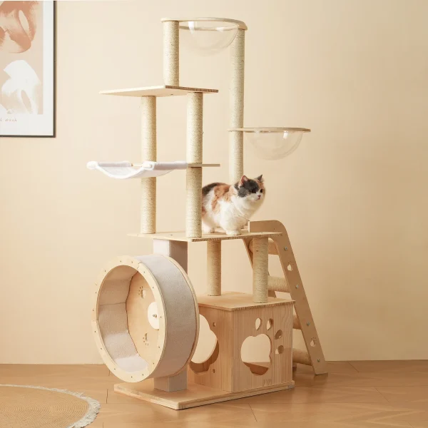 【N504P333543A】猫タワー キャットツリー 据え置き ランニングホイール付き 多頭飼い 宇宙船 ネコタワー 高さ172cm 上り下りしやすい 爪とぎポール 木製 可愛い 子猫 大型猫 ペット用品 高い安定性 運動不足解消 おしゃれ 頑丈