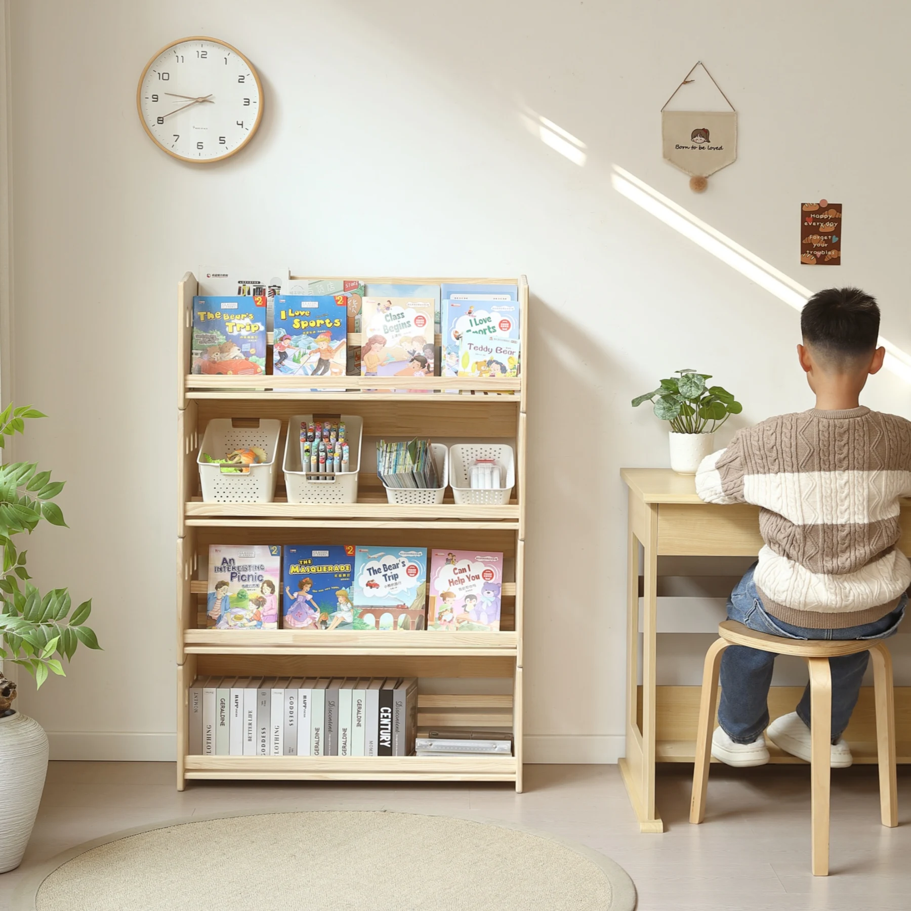 【絵本棚のみ-4段】組み合わせ自由自在 本棚 ブックシェルフ おもちゃ箱 天然木製 オープンラック ランドセル対応 おもちゃラック 絵本棚 三段 四段 分割使用 おもちゃ収納 飾り棚 パイン材 スリム 絵本 収納ラック フィギュア おもちゃ ディスプレイ 本棚 大容量