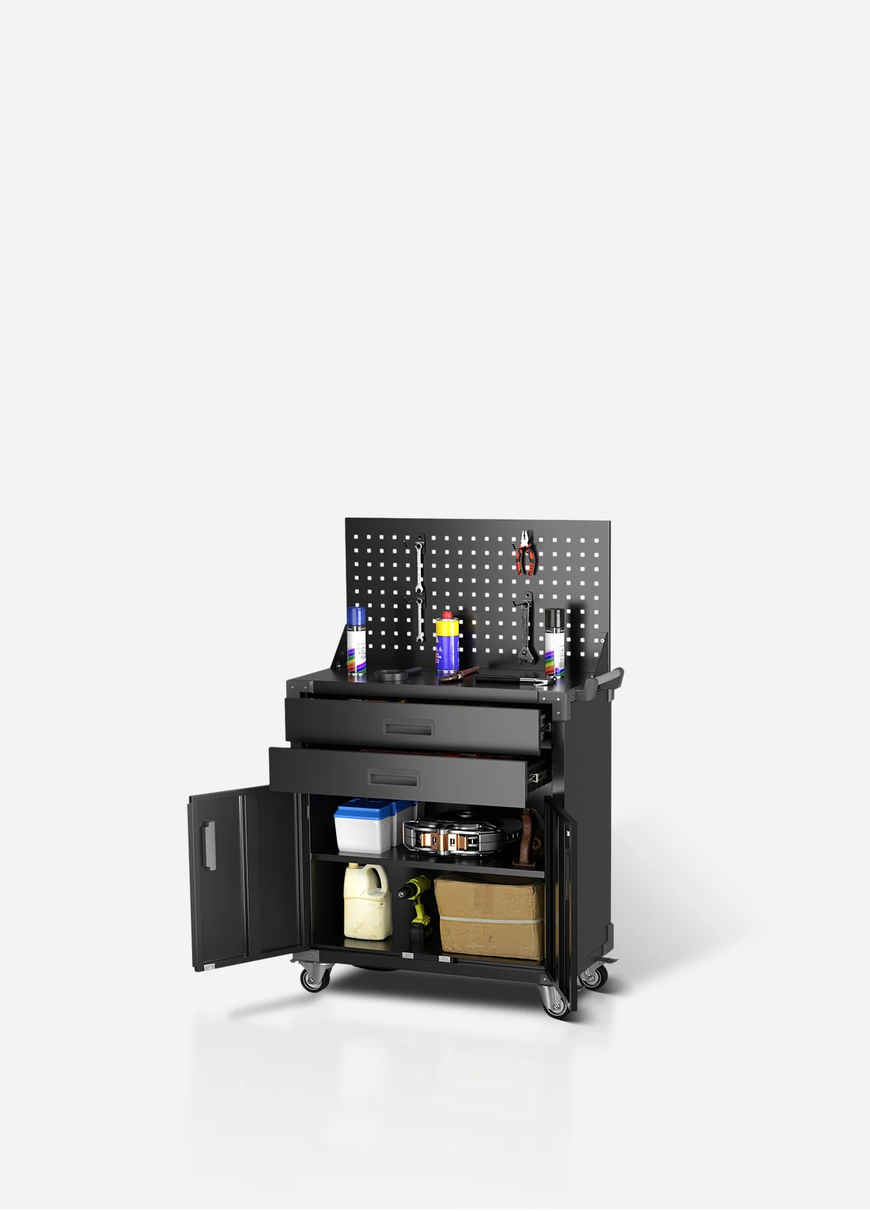 ツールキャビネット ツールワゴン ツールカート工具カート 可動棚付き ロールキャビネット スチール ローラーキャビネットハンドル 耐荷重150KG 幅82*奥行き43*高133 フック付 DIY 2段引き出し 有孔ボード付き 鍵付き キャスター付き ロック付き 新作