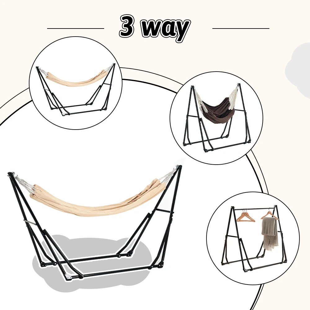 ハンモック (ライトブラウンハンモック+ダークブラウンチェア) 自立式 3 way ポータブルハンモック ハンガーフック 専用ケース付き チェアー 室内 折りたたみ おしゃれ