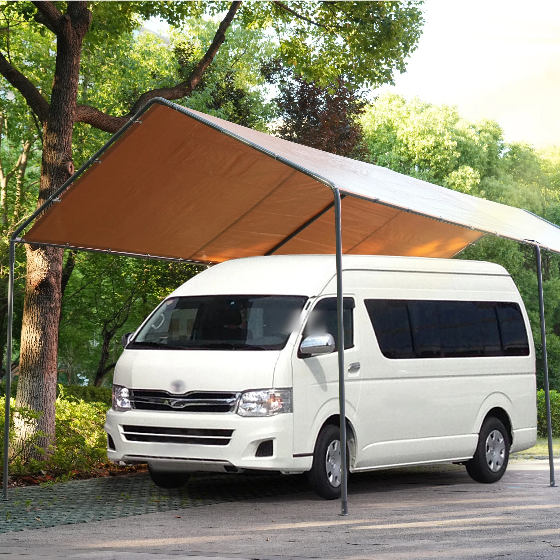 【UPF50+UVカット&防雨】テント 車庫テント ガレージテント 車庫 お祭り 倉庫 奥3m×幅6m×高さ2.82m ガレージテント カーポート 軽自動車用 大型 車 駐車 スチール製 頑丈 仮設倉庫 タープテント【ベージュ】