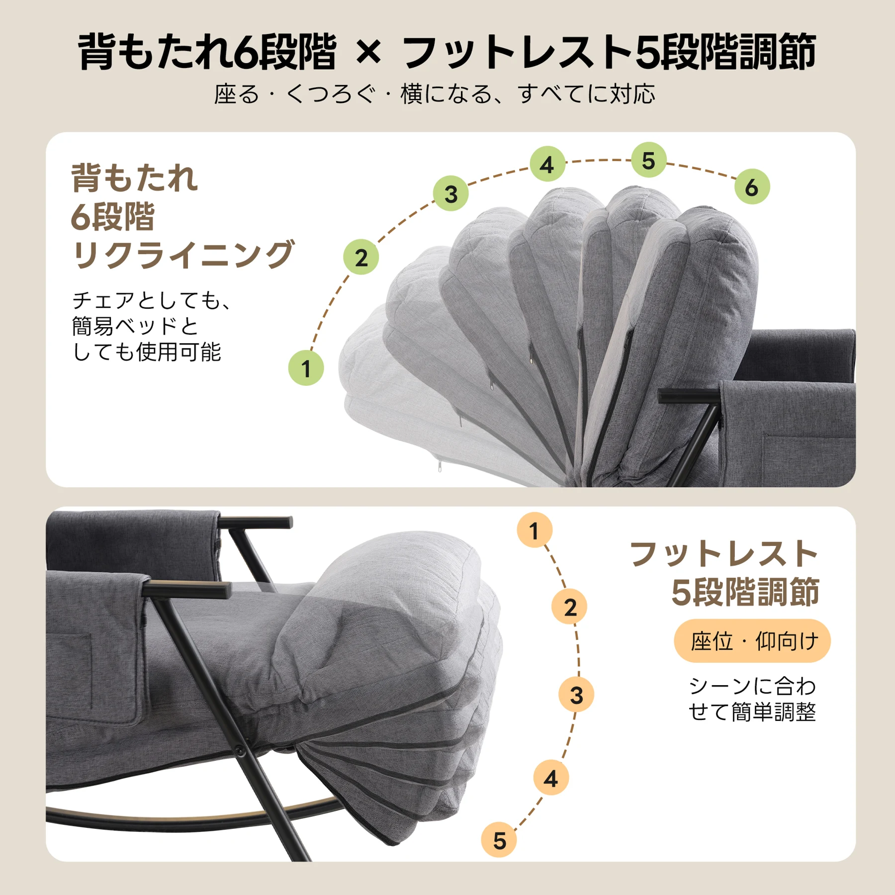 ロッキングチェア リラックスチェア 背もたれ多段階調節可能 足部分多段階調節可能 頑丈 耐久 座り心地よい 揺れる椅子 読書椅子 床を傷つけない 組み立て簡単 屋内用 リビングルーム用 ベランダ用 リラックス 一人暮らし ふわふわ 通気性