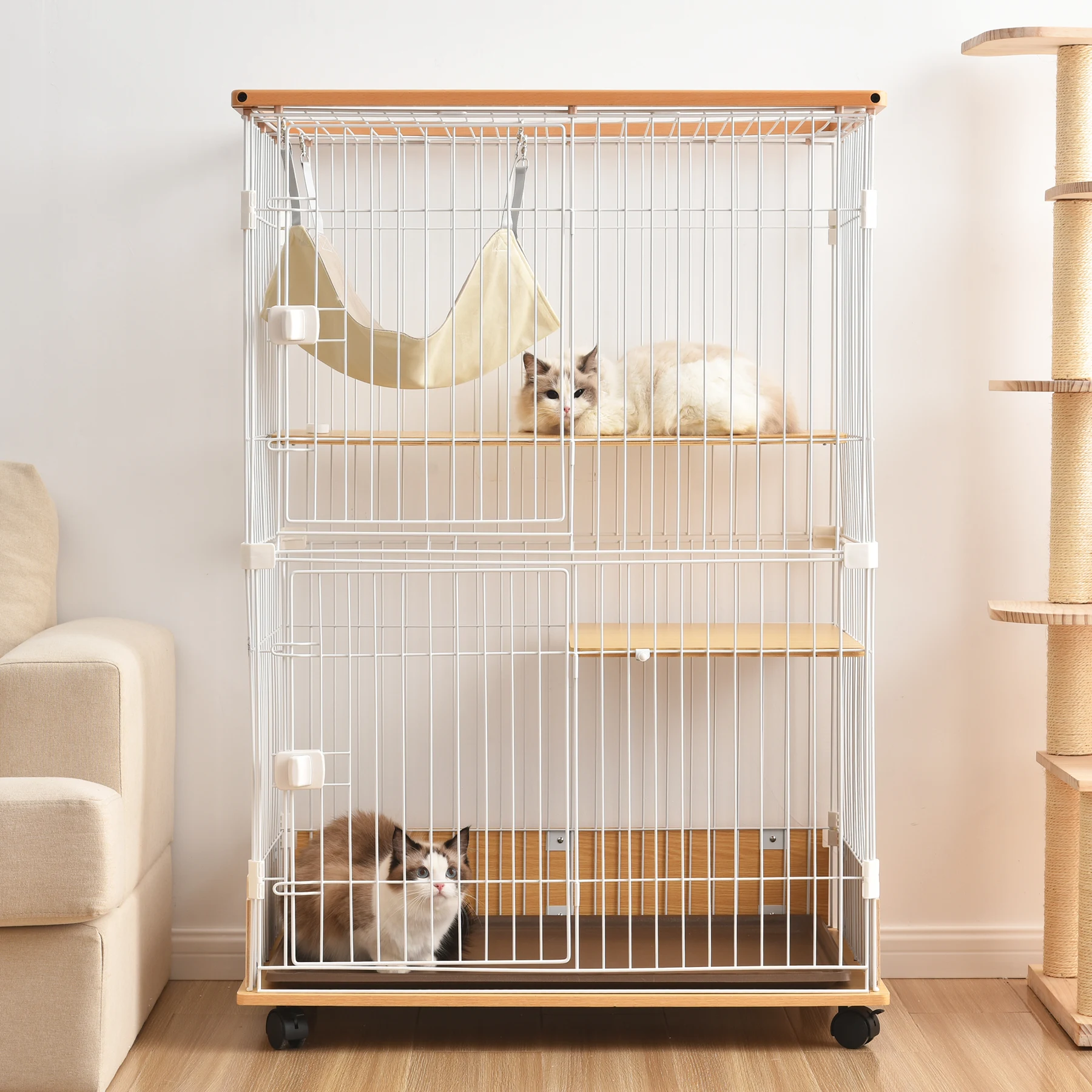 猫 キャットケージ 木製 二段 ナチュラル 1段2段可能 キャスター付 キャットハウス留守番 保護 脱走防止 多頭飼い