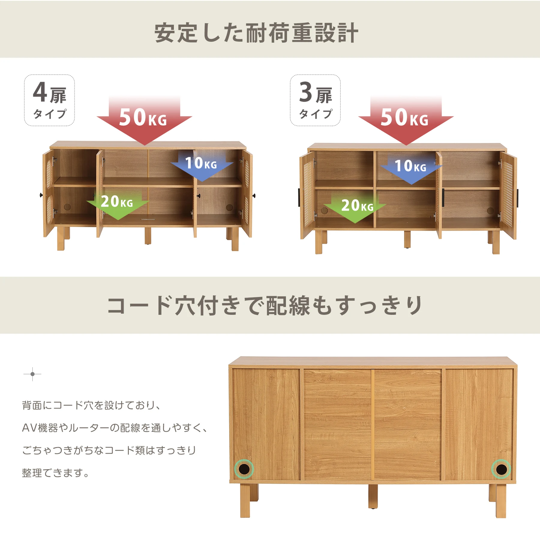 キャビネット サイドボード チェストラタン調 ラタン風 2段 ラタン調 サイドボード リビングボード 脚付 木製脚 テレビ台 タンス 木製 ラタン風 食器棚 大容量収納 扉付きシェルフ コード穴 ローチェスト 衣類 収納 間仕切りカウンター おしゃれ リビング キッチン 収納棚 整理タンス 北欧