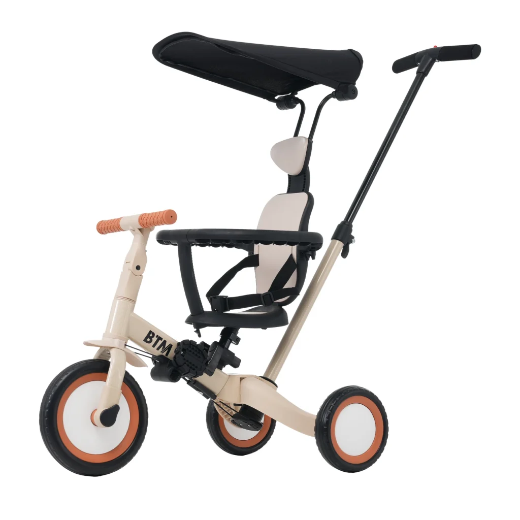 【ベージュ】子供用三輪車 5in1 自転車 オリジナル 押し棒付き 安全バー付き サンシェード付き