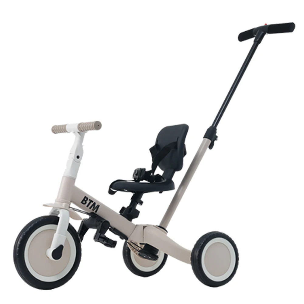 子供用三輪車 4in1 グレージュ 三輪車のりもの押し棒付き 自転車 おもちゃ 乗用玩具