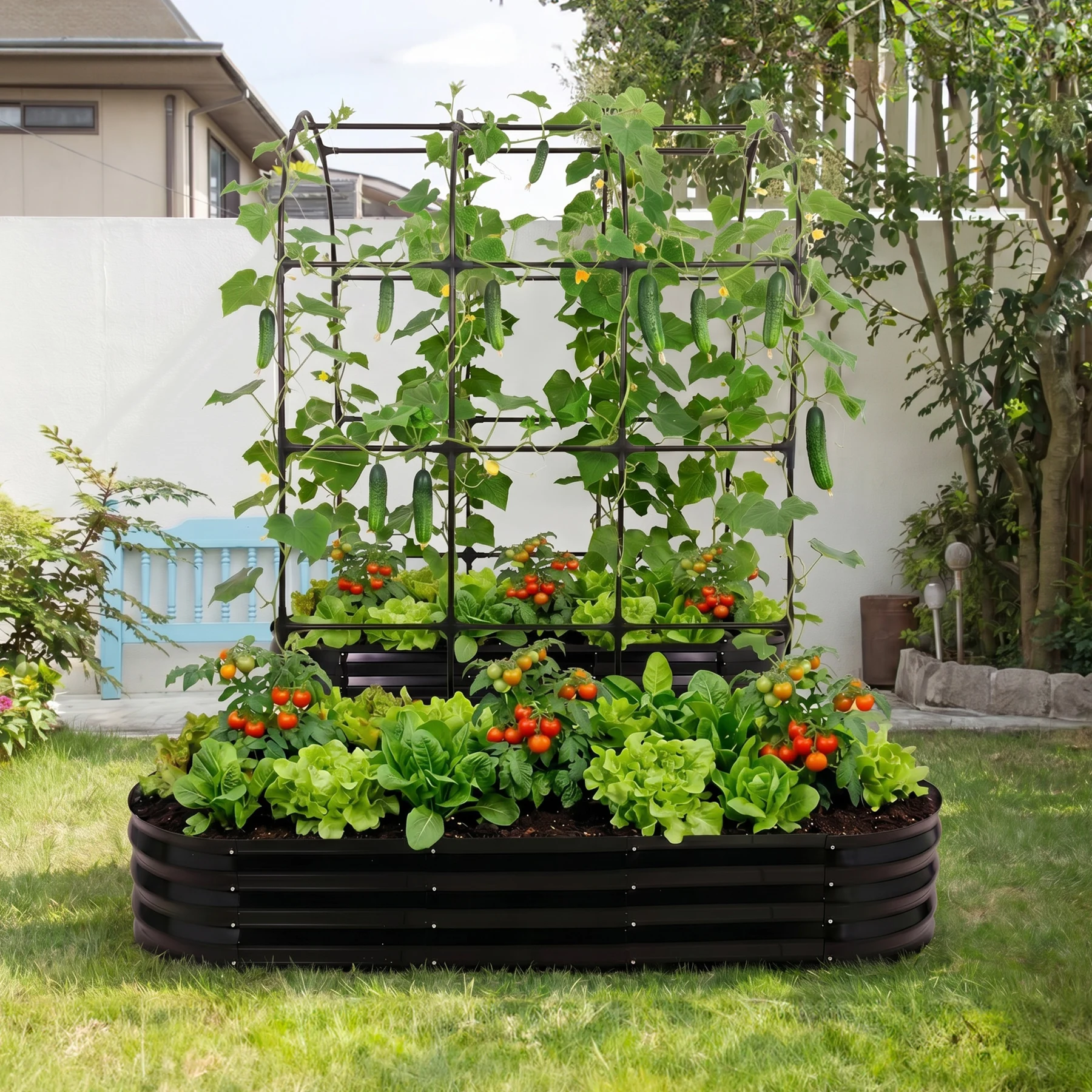 【600L】レイズドベッド ガーデンベッド L240*W125*H90cm つる棚 アーチ付き 腐らない 庭 野菜 プランター 果物栽培用 ガーデンフレーム おしゃれ 組立簡単 ガーデンボックス 屋外 家庭菜園 DIY 野菜 植物 花 花園 家庭用【ブラック】