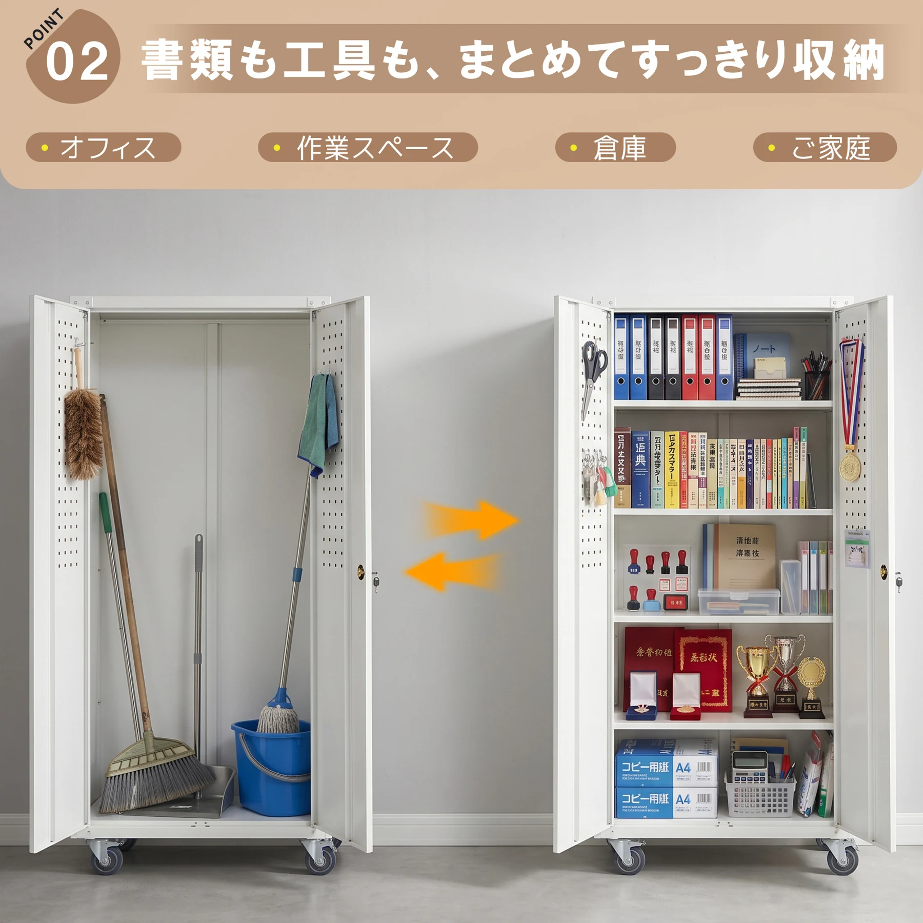 スチール書庫 高さ180cm 鍵付き キャスター付き 全輪ストッパー フック・護角付き 可動棚 粉体塗装 防錆 頑丈 省スペース コンパクト お手入れ簡単 転倒防止対応 オフィス書類・貴重品・工具収納 業務用キャビネット 事務所・店舗・学校・病院・家庭・倉庫用 ホワイト