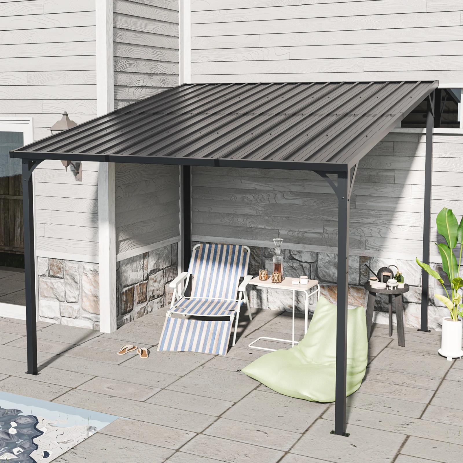 テラス屋根 ベランダ 屋根 ひさし大型 重量型 バルコニー 雨よけ サイクルポート 4本の柱 パーゴラ 幅284*奥行き306*高251 亜鉛メッキ鋼 裏庭とバルコニーに適用 壁面取り付け基準に適合