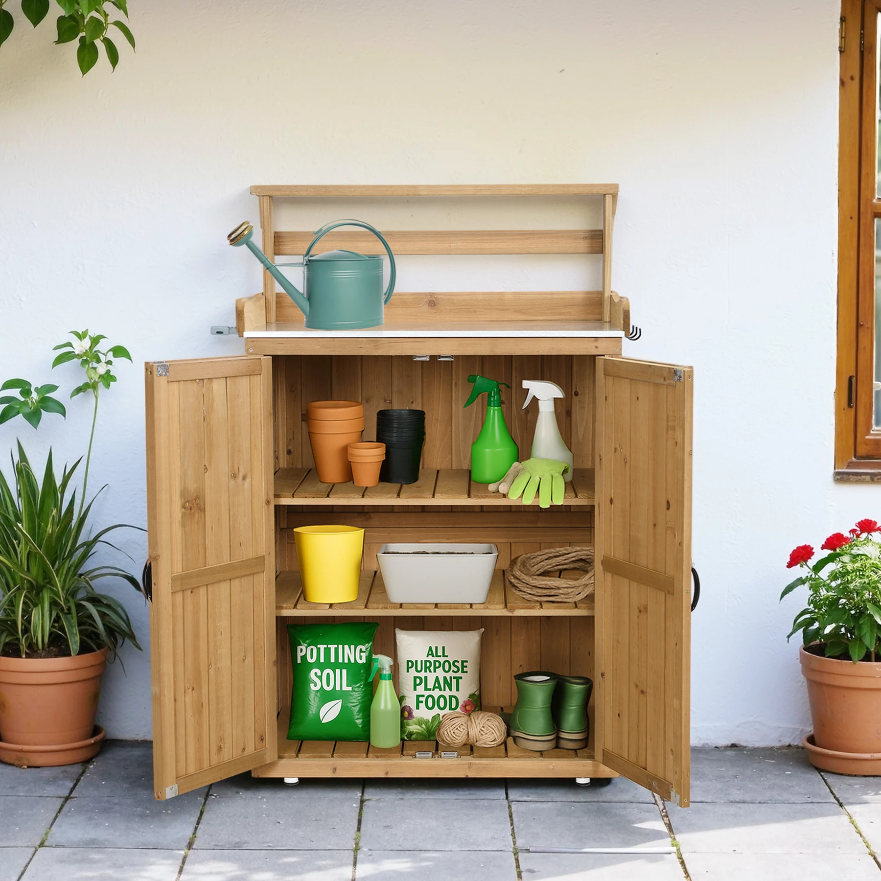 物置き 木製 収納庫 観音扉 ガーデニング用品 小屋 戸外収納庫 大型 屋外物置 棚 大型 ドア ベランダ 物置き 屋外収納 ガーデニング ウッド 園芸用品 庭 倉庫 DIY 頑丈 新作【ナチュラル】