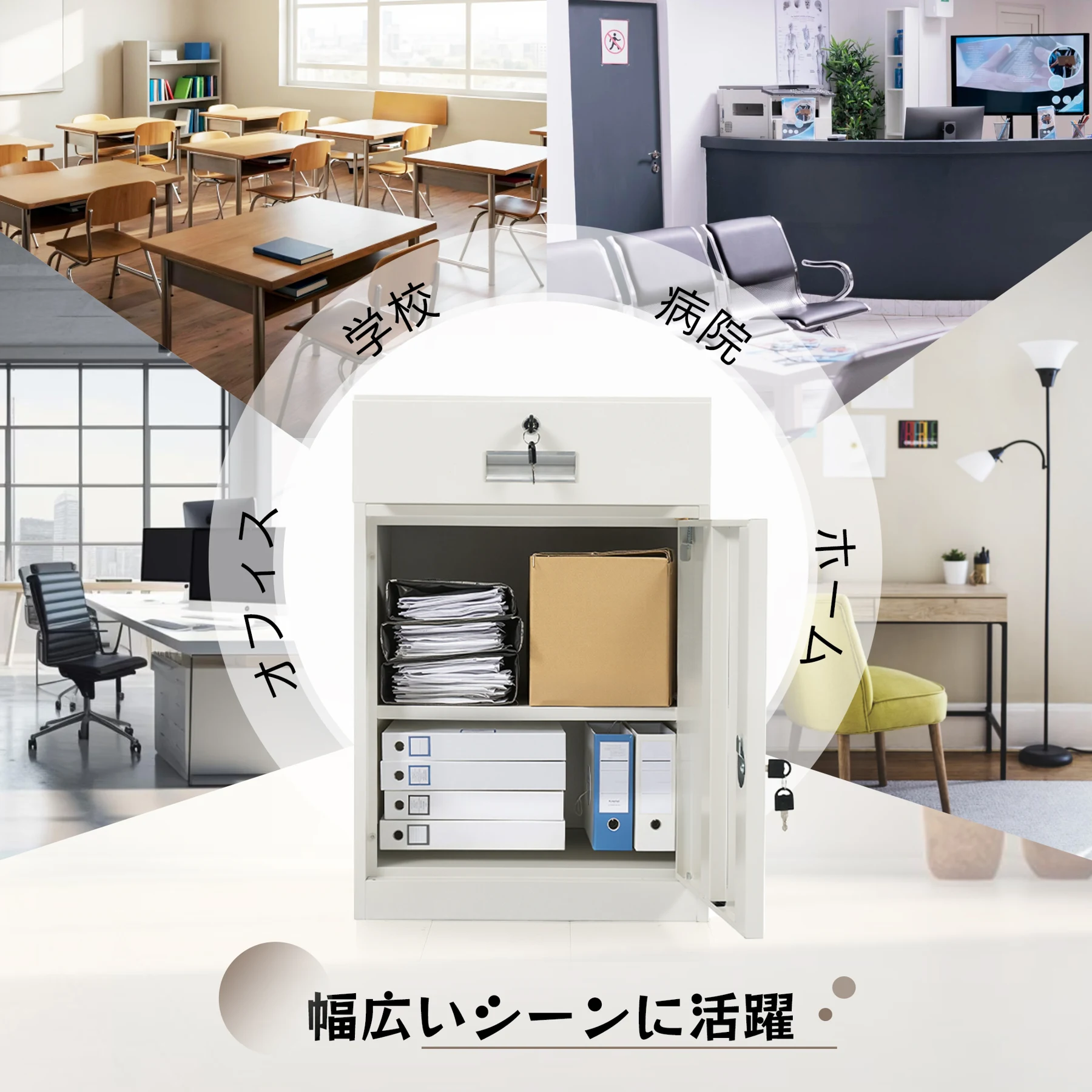 デスクワゴン サイドワゴン オフィスワゴン 完成品 キャビネット 書庫 スチール製 机下収納 袖机 可動棚 スリム ロッカー 鍵付き 引き出し付き 収納 オフィス 事務所 会社 店舗 病院 学校 更衣室 業務用ホワイト