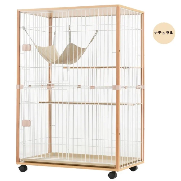 猫 キャットケージ ケージ 木製 キャットハウス ネコ ハウス 留守番 保護 脱走防止 多頭飼い 多頭 スチール 二段 （ナチュラル）
