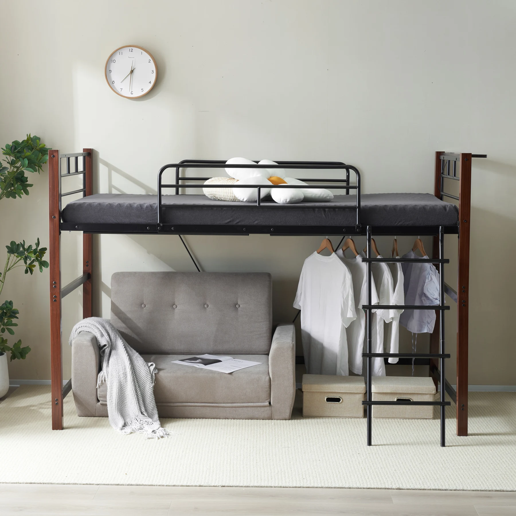 【高さ140cm】ロフトベッド パイプベッド シングル 耐荷重150kg システムベッド ロータイプ ミドルタイプ 棚 収納 北欧風 大人 一人暮らし ハンガーポール4本付属 送料無料 スチール 耐震 ベッド 子供部屋