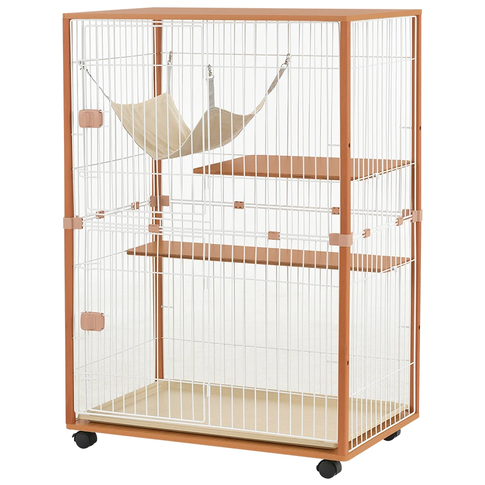 猫 キャットケージ 木製 キャットハウス ネコ ハウス 留守番 保護 脱走防止 多頭飼い 多頭 スチール 二段(チーク)