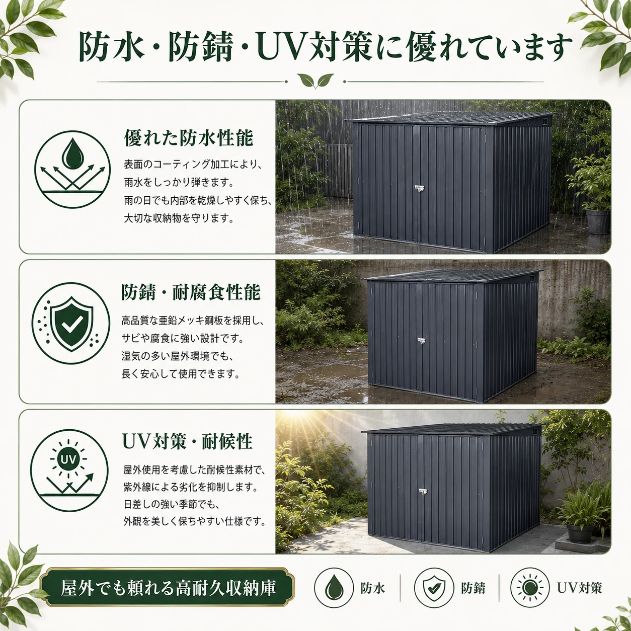 物置 屋外 戸外収納庫 自転車 大容量 スチール 両開きドア 施錠可能 防さび ベランダ 防水 ガーデニング 庭