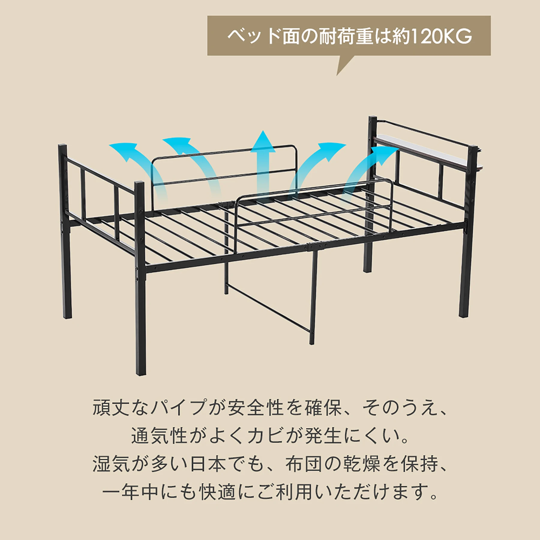 【ブラック】ロータイプベット 宮棚 ベッド シングル ロング パイプ ベット スチール ベッド下 収納付きフレームベッド 1人用