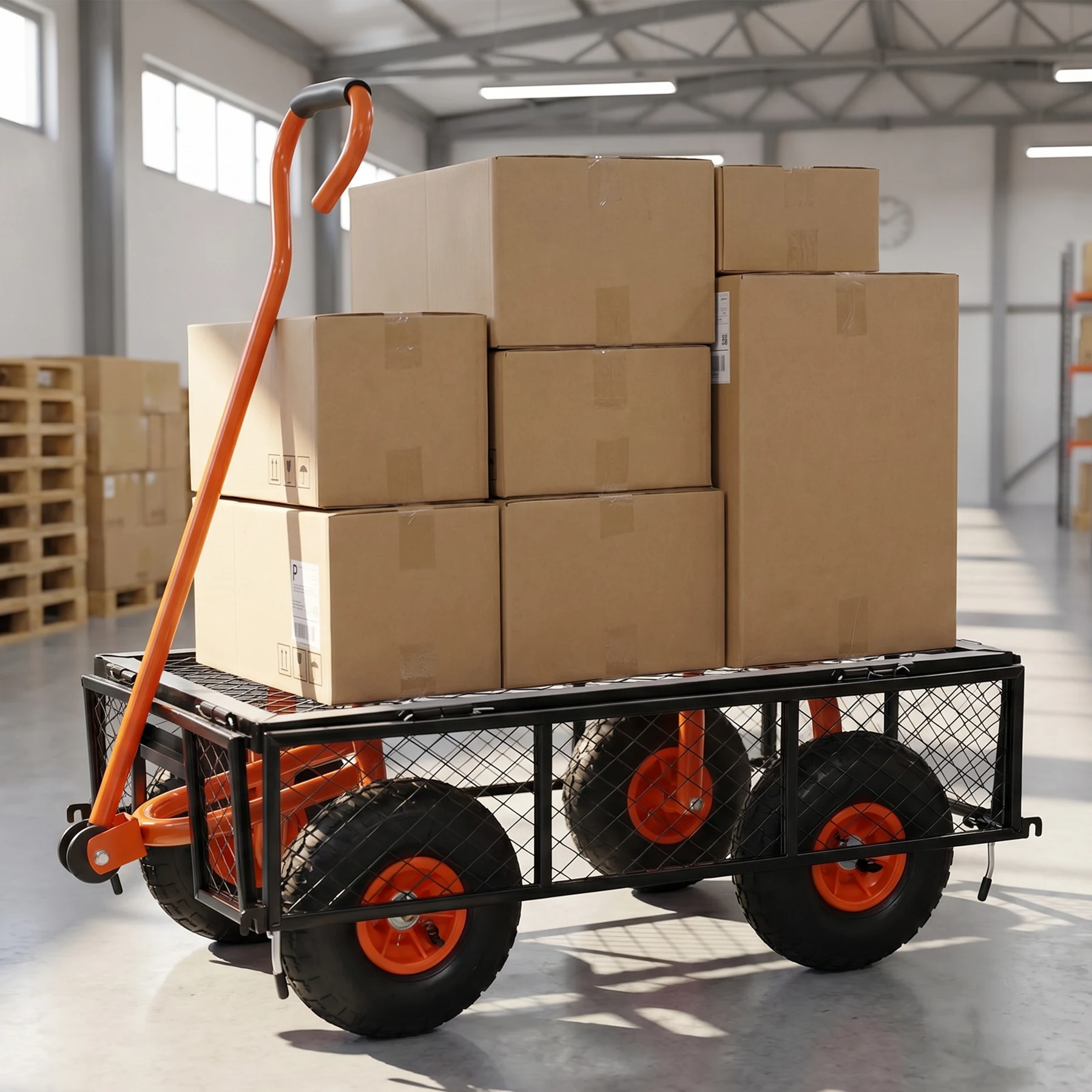 ガーデンカート カゴ台車 メッシュ台車 フェンス取り外し可能 手押し台車 耐荷重180kg 多機能 収穫台車 運搬車 キャスター付 回転ハンドル キャリーカー 農業 園芸 庭園 おしゃれ【オレンジ】
