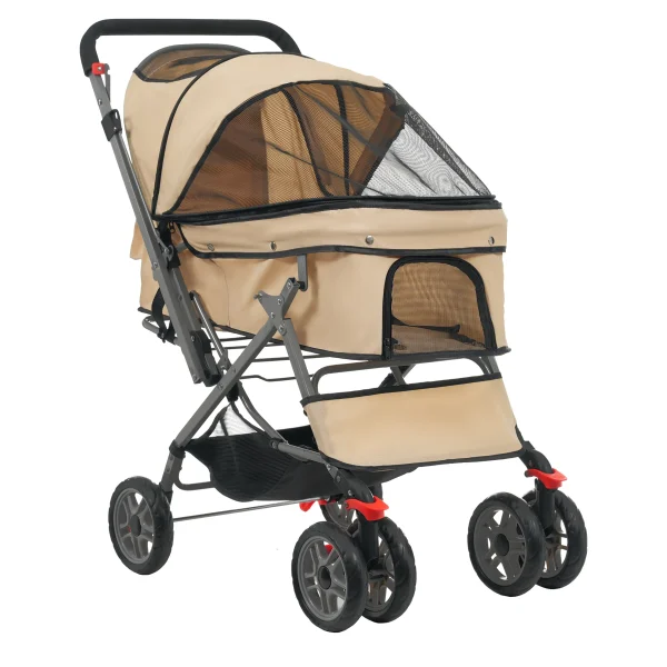 ペットカート 対面式 折りたたみ 多頭 中型犬 小型犬 猫 2way 軽量 組立簡単 工具不要 介護用 ドッグカート ペットバギー 犬 猫 動物 ペット用品 【カーキ】